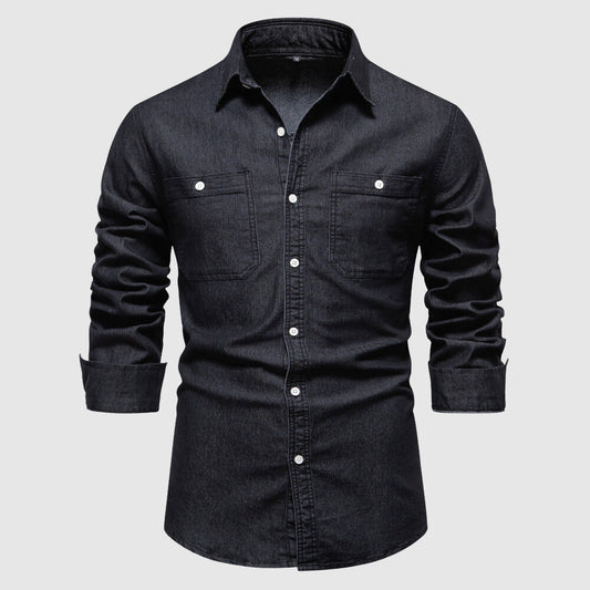 Men’s Denim Shirt - Button-Down - Long Sleeve - Tailored Fit - Chest Pockets Black