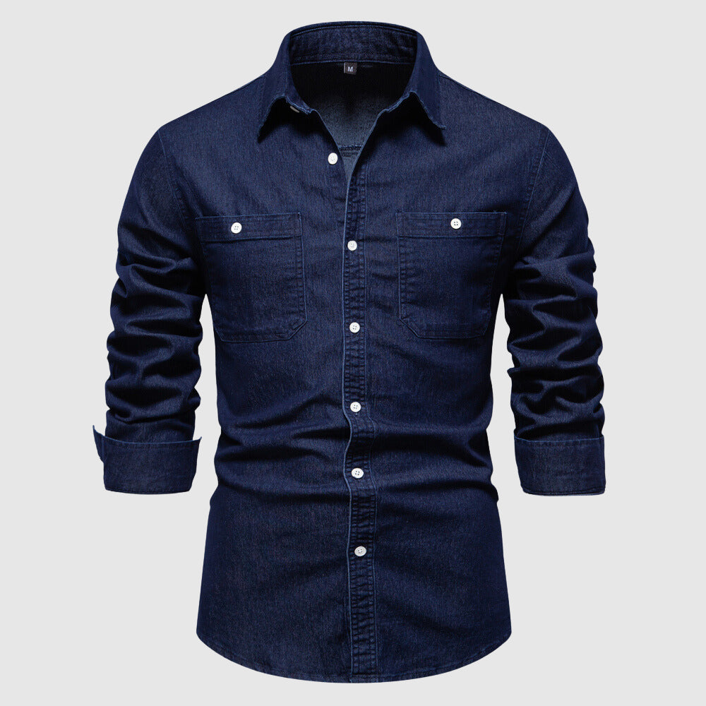 Men’s Denim Shirt - Button-Down - Long Sleeve - Tailored Fit - Chest Pockets Dark Blue