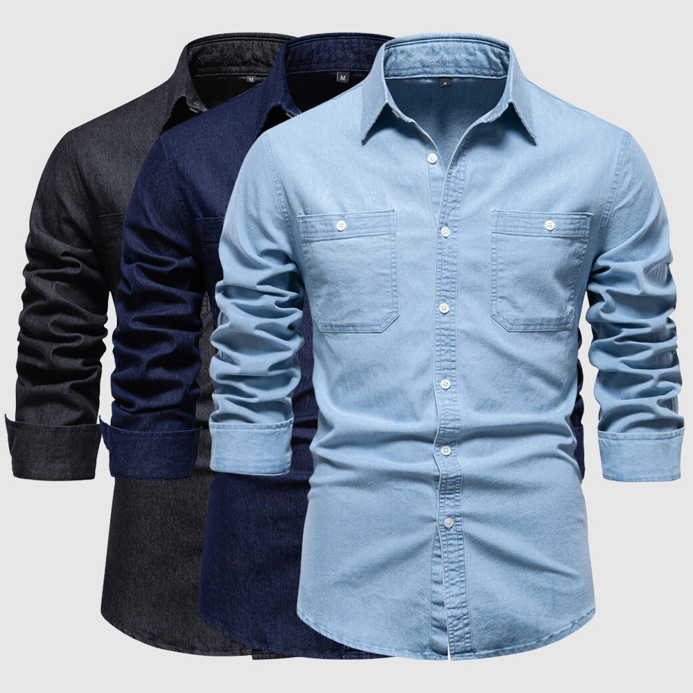Men’s Denim Shirt - Button-Down - Long Sleeve - Tailored Fit - Chest Pockets