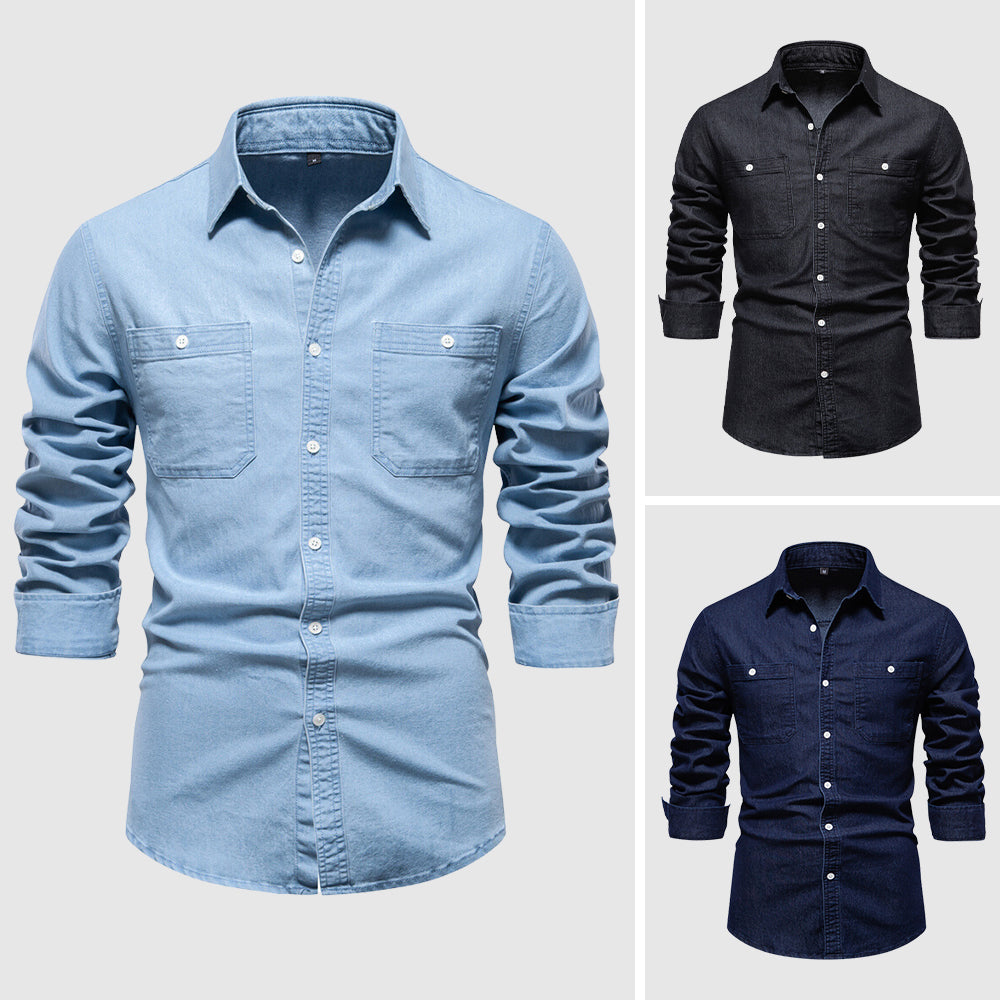 Men’s Denim Shirt - Button-Down - Long Sleeve - Tailored Fit - Chest Pockets