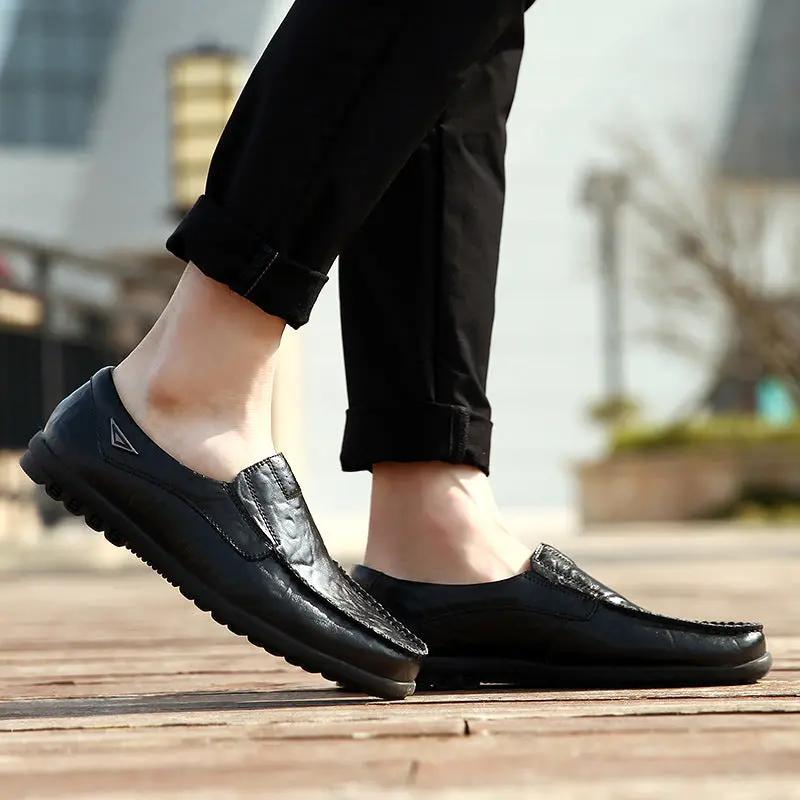 Men’s Leather Loafers - Slip-On - Moc Toe Stitching - Durable Rubber Sole Black