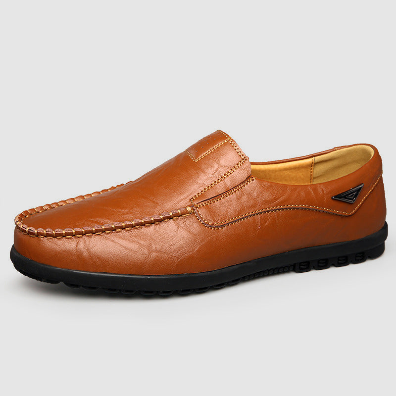 Men’s Leather Loafers - Slip-On - Moc Toe Stitching - Durable Rubber Sole