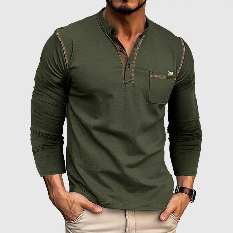 Men’s Henley Shirt - 100% Cotton - Long Sleeve - Buttoned Placket - Casual Fit Green