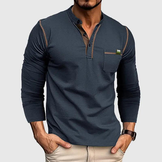 Men’s Henley Shirt - 100% Cotton - Long Sleeve - Buttoned Placket - Casual Fit Blue