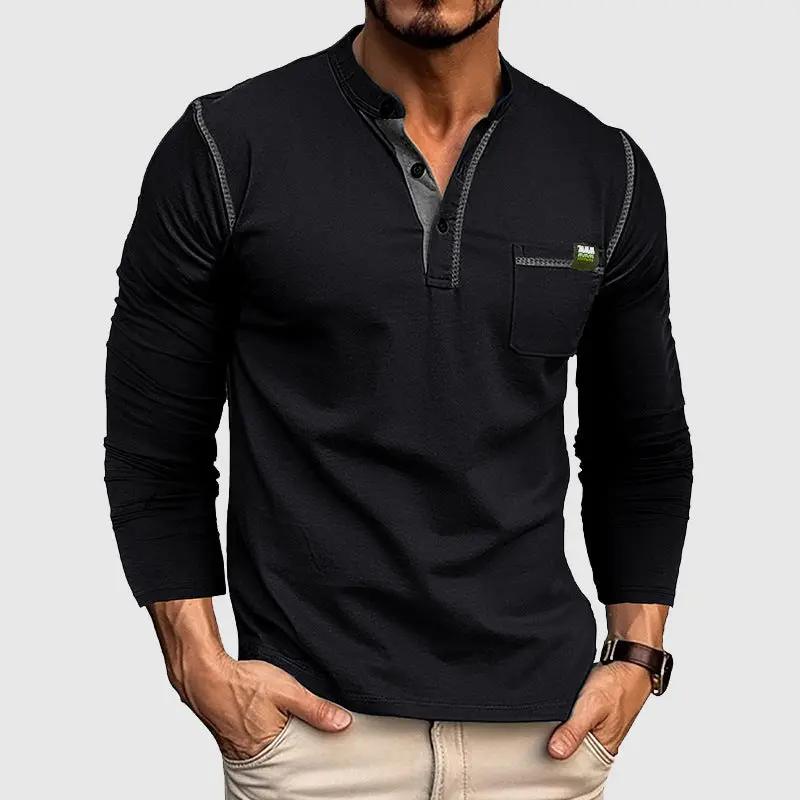 Men’s Henley Shirt - 100% Cotton - Long Sleeve - Buttoned Placket - Casual Fit Black