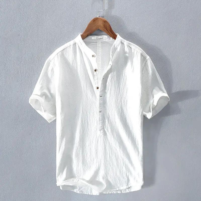 Men's Lightweight Mandarin Collar Shirt - Coastal Breeze White