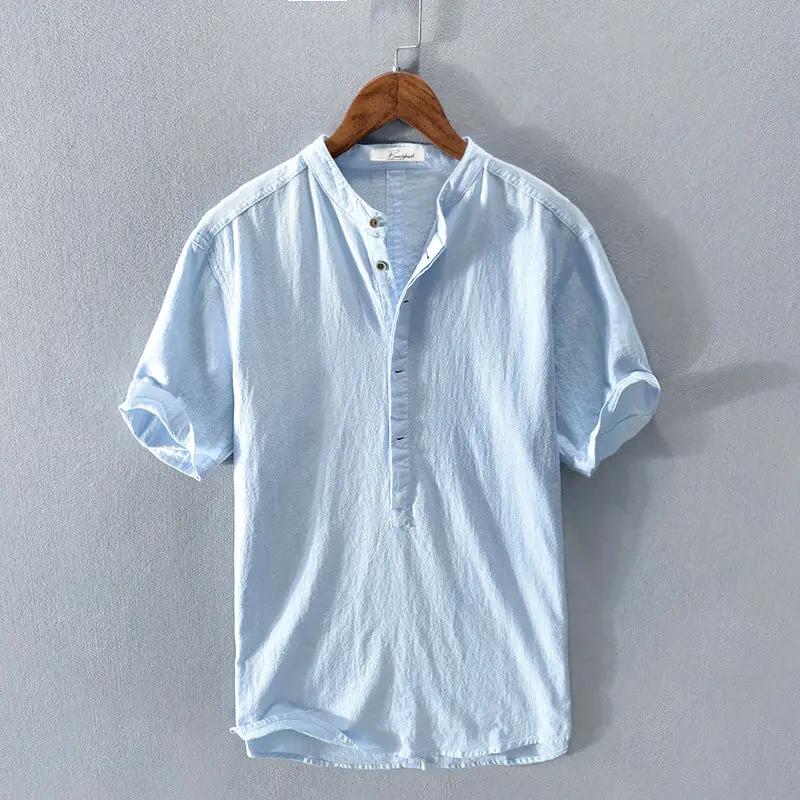 Men's Lightweight Mandarin Collar Shirt - Coastal Breeze Light Blue