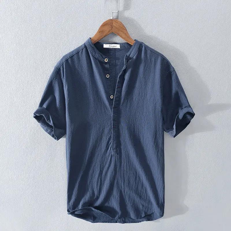 Men's Lightweight Mandarin Collar Shirt - Coastal Breeze Dark Blue