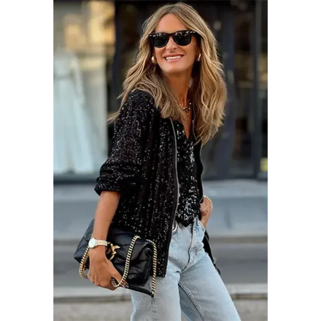 Sequin Bomber Jacket for Women - Relaxed Fit Glam Style - SparkleBomb Black