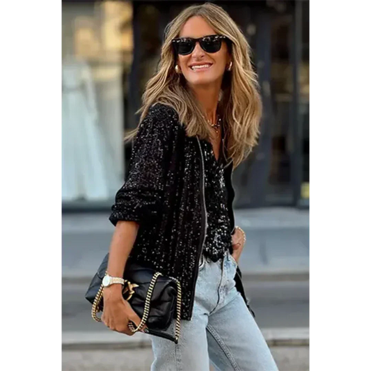 Sequin Bomber Jacket for Women - Relaxed Fit Glam Style - SparkleBomb Black
