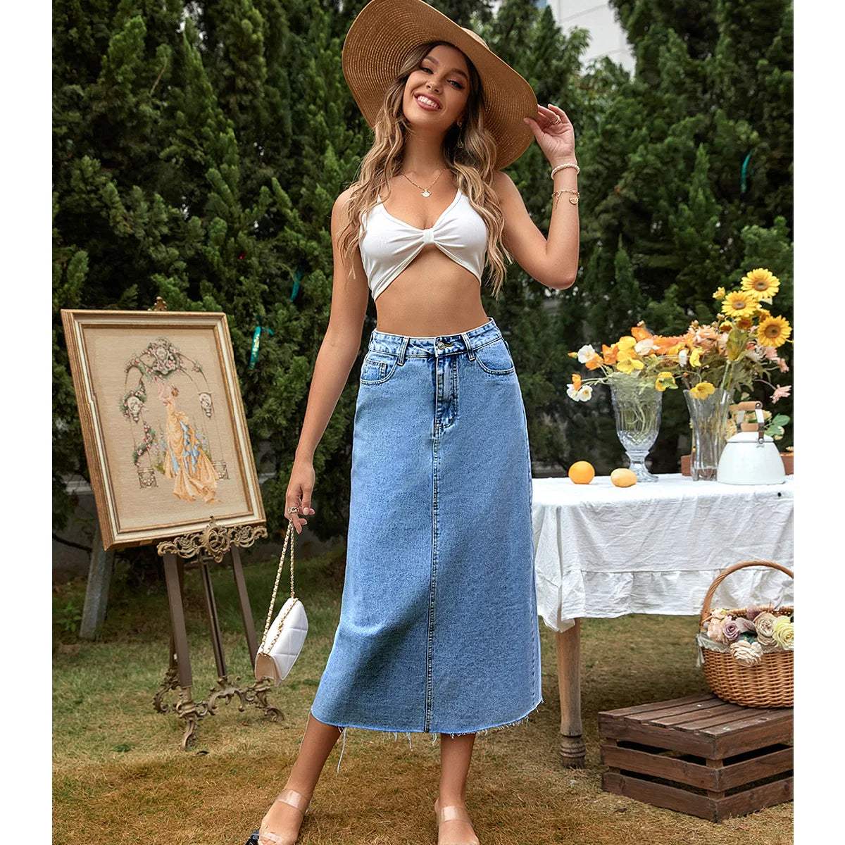 Women's Denim Maxi Skirt High Waist Frayed Hem - DenimFlow Blue