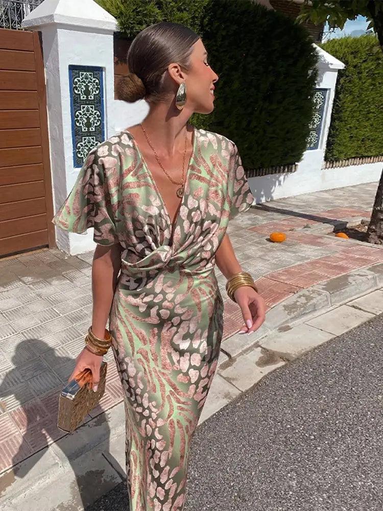 Floral Midi Dress for Women V-Neck Pleated - FleurDress