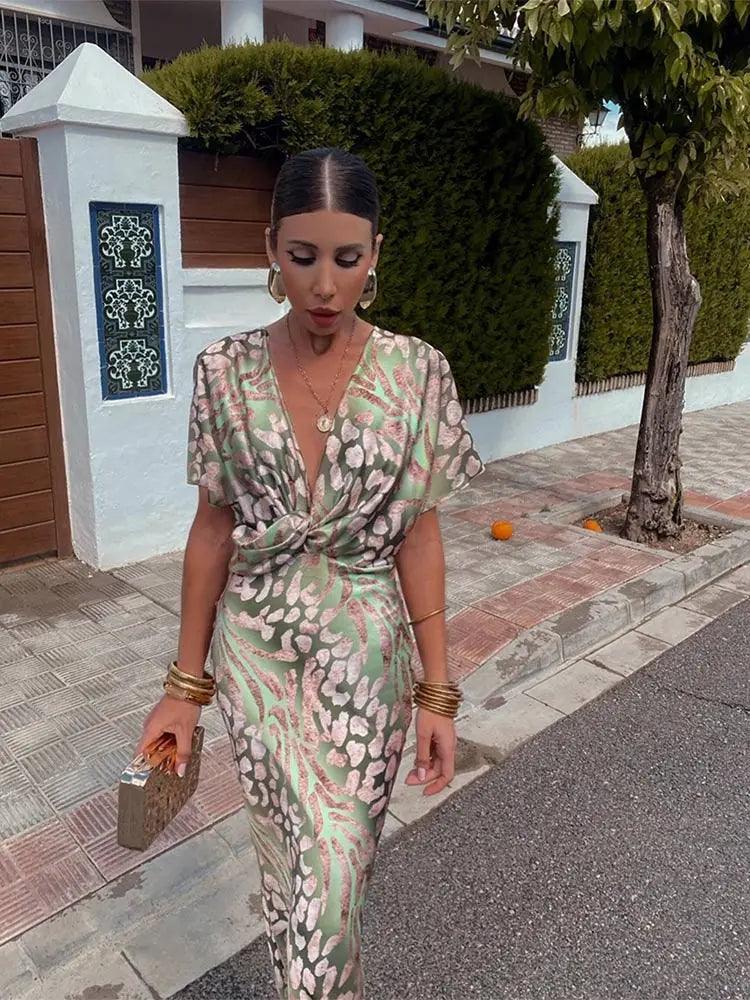 Floral Midi Dress for Women V-Neck Pleated - FleurDress