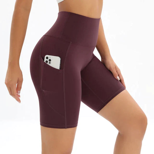 Women's High-Waist Pocket Fitness Shorts - ActiveFlex Burgundy