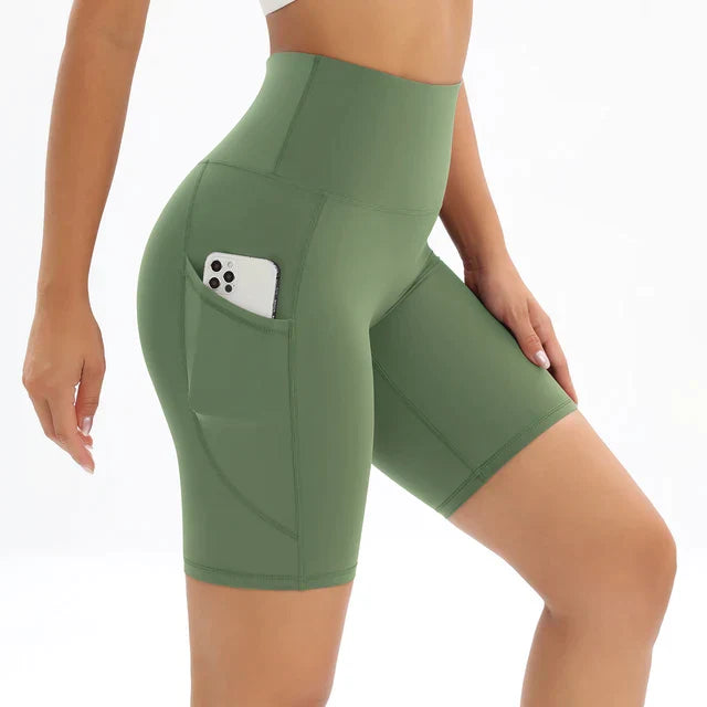 Women's High-Waist Pocket Fitness Shorts - ActiveFlex Bronze green