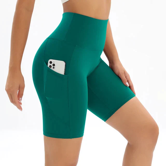 Women's High-Waist Pocket Fitness Shorts - ActiveFlex Forest Green