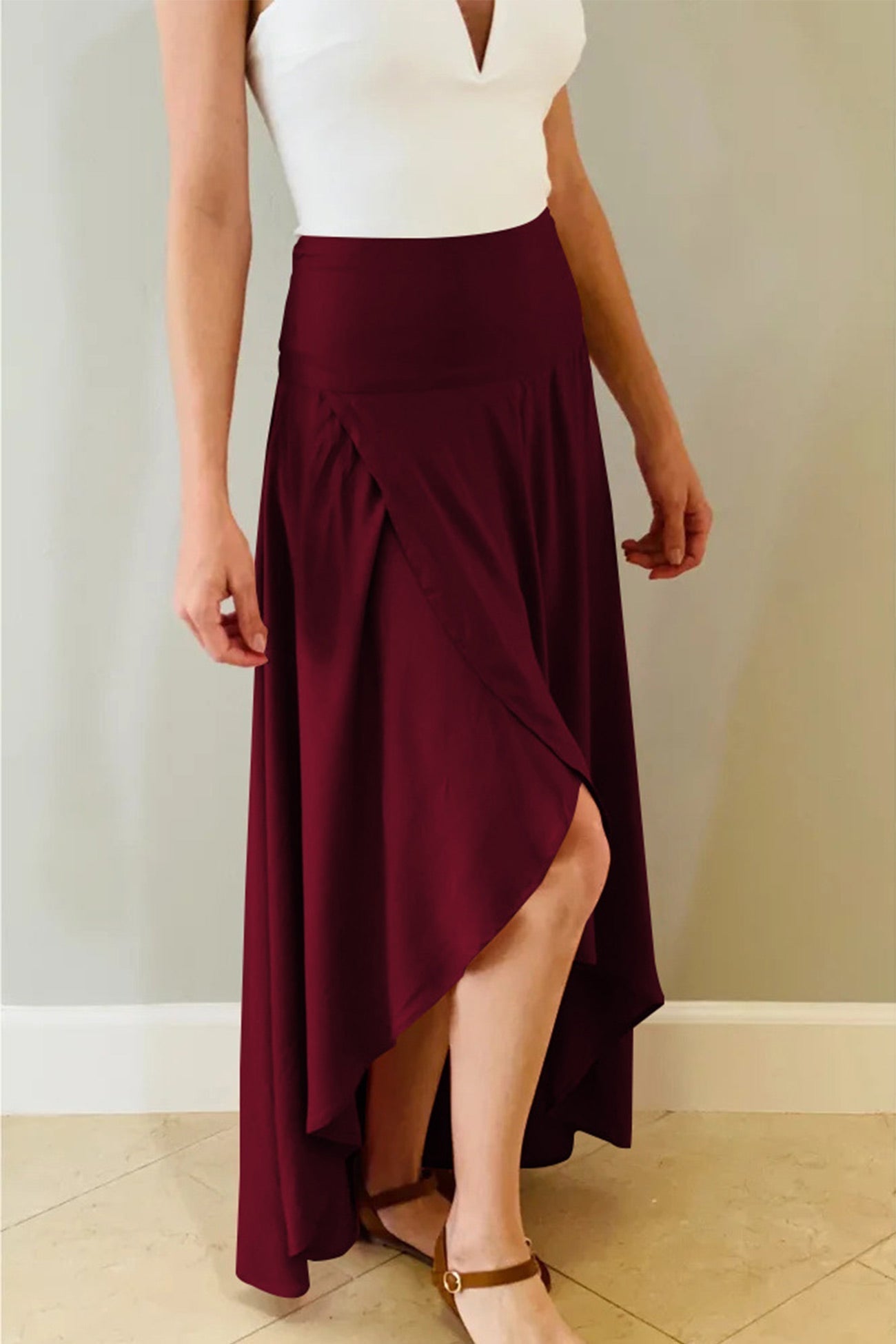 Women's High-Slit Maxi Skirt - Flowy Elegant Chiffon - SlitSkirt Wine Red