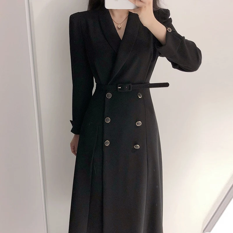 Women's Wool Blend Trench Coat - Tailored Double-Breasted Elegance - UrbanChic Black