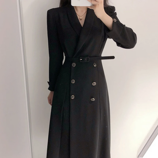 Women's Wool Blend Trench Coat - Tailored Double-Breasted Elegance - UrbanChic Black