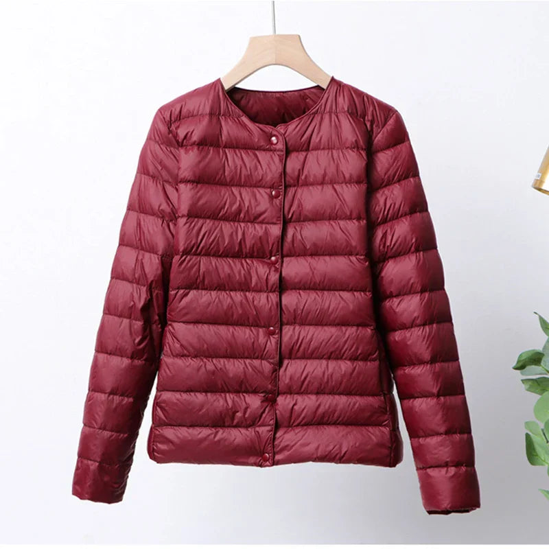 Women's Lightweight Quilted Puffer Jacket - ButtonUp Chic Burgundy