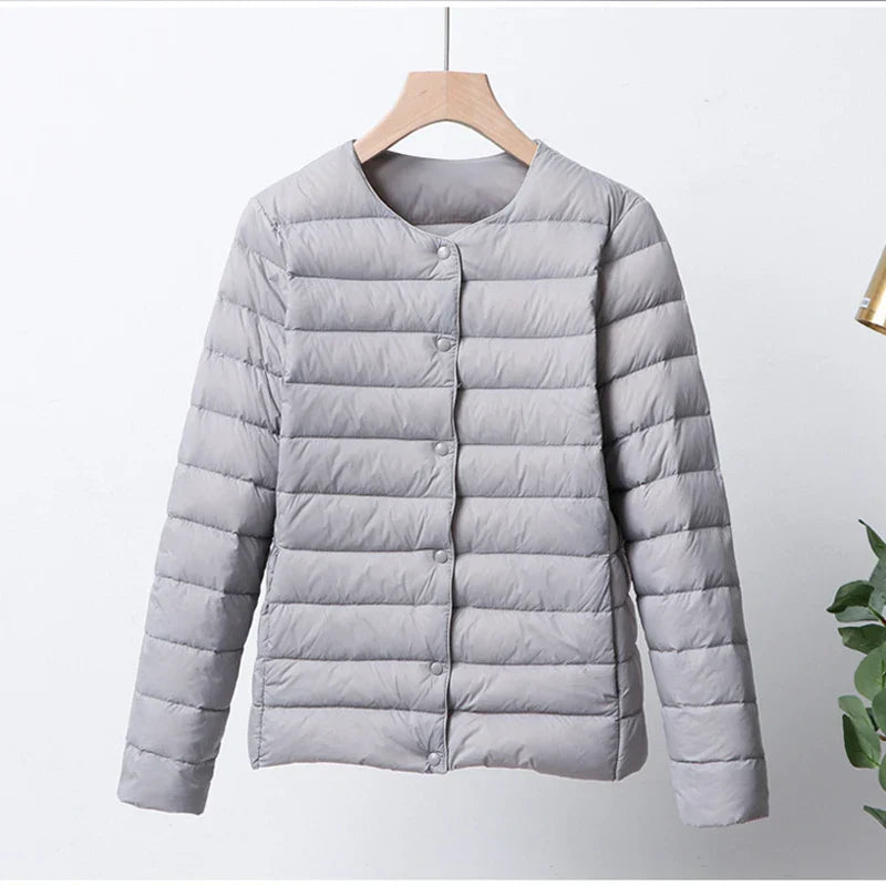 Women's Lightweight Quilted Puffer Jacket - ButtonUp Chic Gray