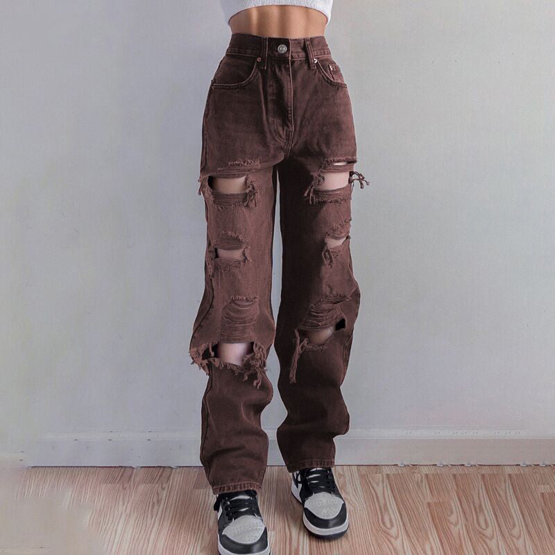 Ripped Jeans for Women Raw Hem Denim - EdgeWear Brown