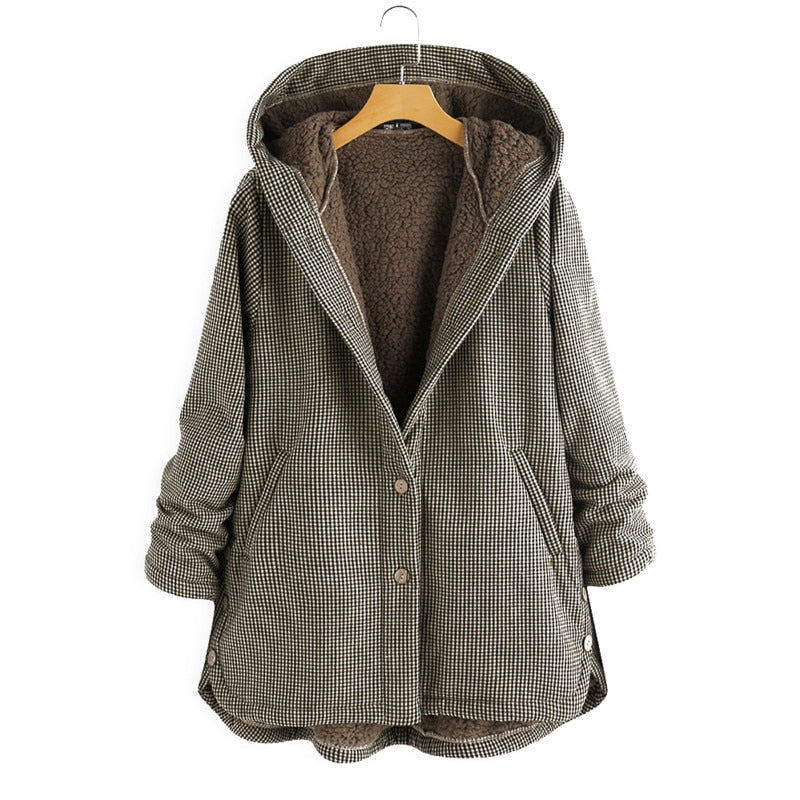 Women's Hooded Checked Coat Button Up - PlaidWrap Brown