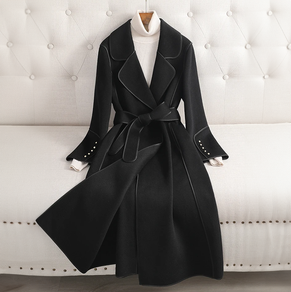 Women's Wool Trench Coat - Fitted & Flattering - UrbanChic Black