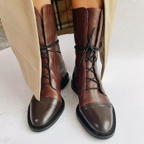 Women's Polished Leather Lace-Up Ankle Boots - RetroStride Brown