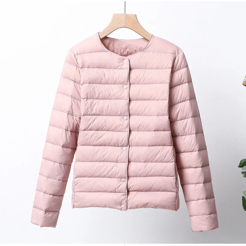 Women's Lightweight Quilted Puffer Jacket - ButtonUp Chic Pink