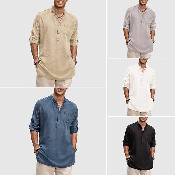 Men's Henley Shirt - Band Collar - Breathable Fabric - Long Sleeve Casual Fit