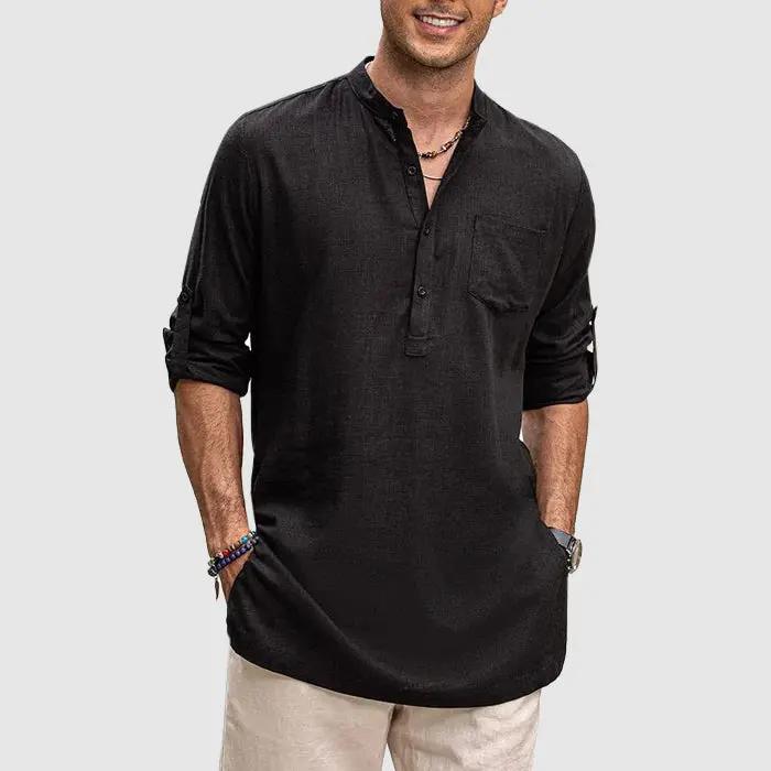 Men's Henley Shirt - Band Collar - Breathable Fabric - Long Sleeve Casual Fit Black