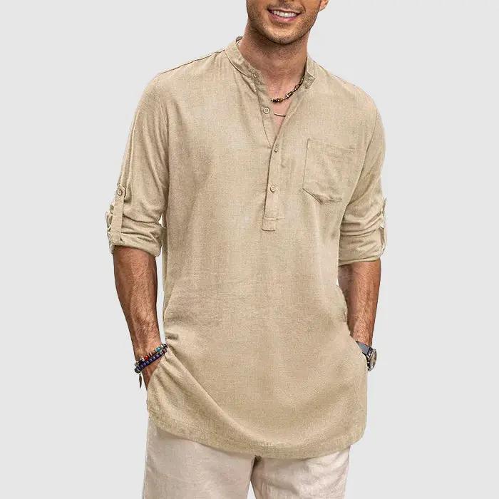 Men's Henley Shirt - Band Collar - Breathable Fabric - Long Sleeve Casual Fit Khaki