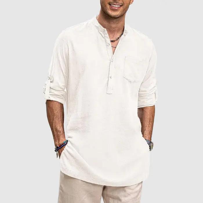 Men's Henley Shirt - Band Collar - Breathable Fabric - Long Sleeve Casual Fit White