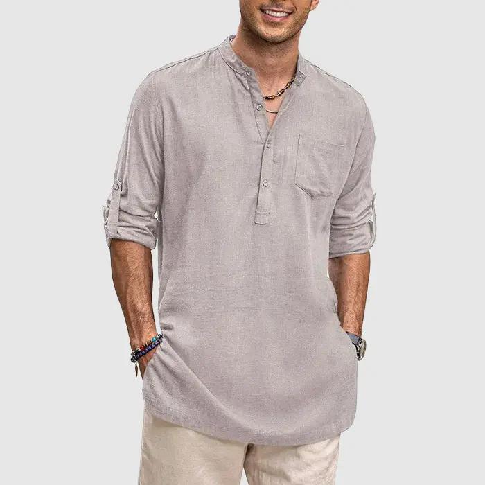 Men's Henley Shirt - Band Collar - Breathable Fabric - Long Sleeve Casual Fit Gray