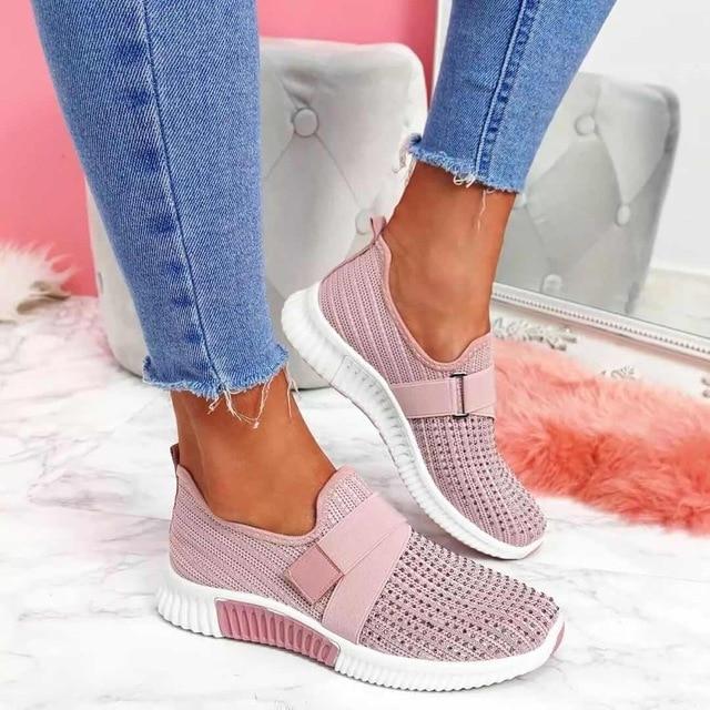 Women's Knit Slip-On Sneakers Velcro Strap - UrbanStride Pink