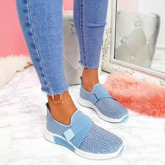 Women's Knit Slip-On Sneakers Velcro Strap - UrbanStride Blue