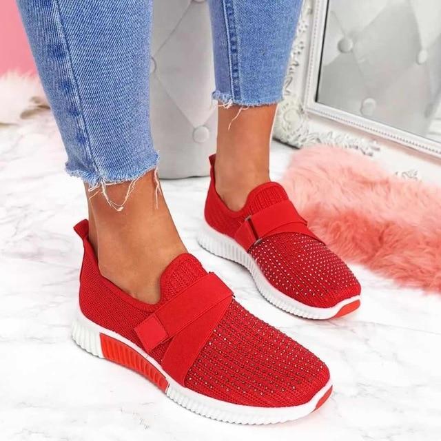 Women's Knit Slip-On Sneakers Velcro Strap - UrbanStride Red