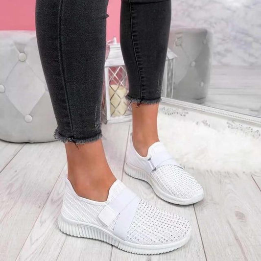 Women's Knit Slip-On Sneakers Velcro Strap - UrbanStride White