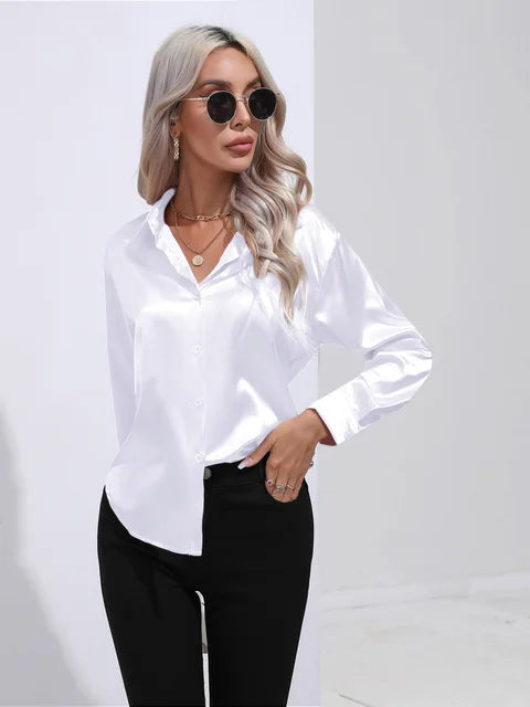 Women's Silky Satin Blouse, Long Sleeve, Elegant Style - SatinGlow White