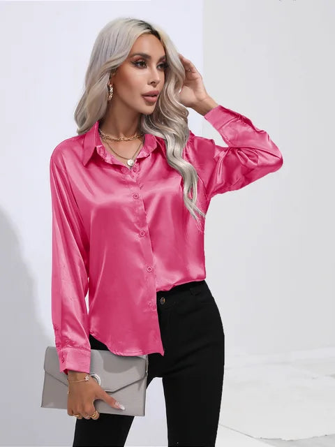 Women's Silky Satin Blouse, Long Sleeve, Elegant Style - SatinGlow Pink red