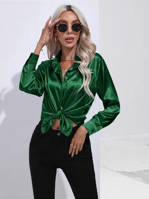 Women's Silky Satin Blouse, Long Sleeve, Elegant Style - SatinGlow Green