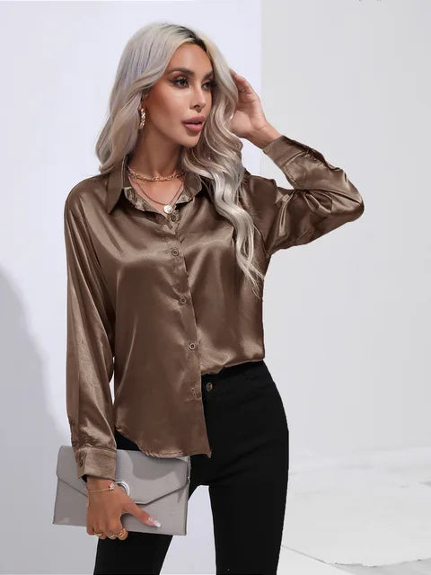 Women's Silky Satin Blouse, Long Sleeve, Elegant Style - SatinGlow Dark khaki