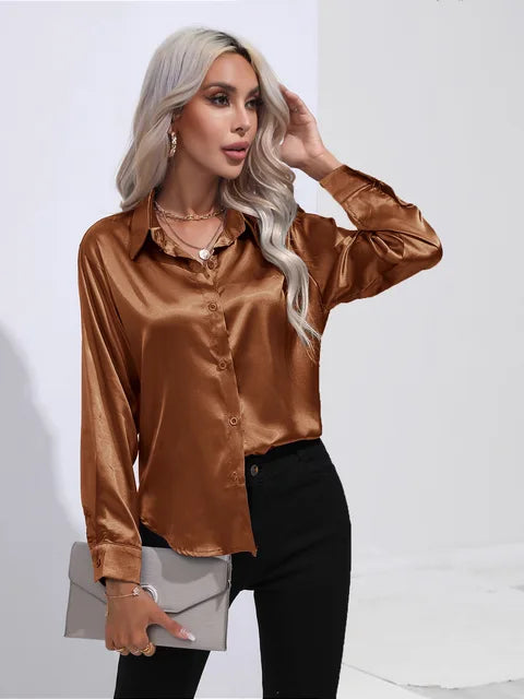 Women's Silky Satin Blouse, Long Sleeve, Elegant Style - SatinGlow Brown