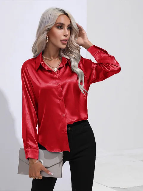 Women's Silky Satin Blouse, Long Sleeve, Elegant Style - SatinGlow Red