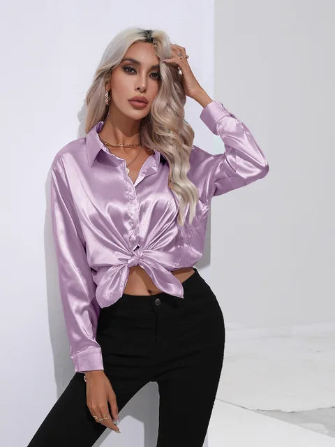 Women's Silky Satin Blouse, Long Sleeve, Elegant Style - SatinGlow Purple