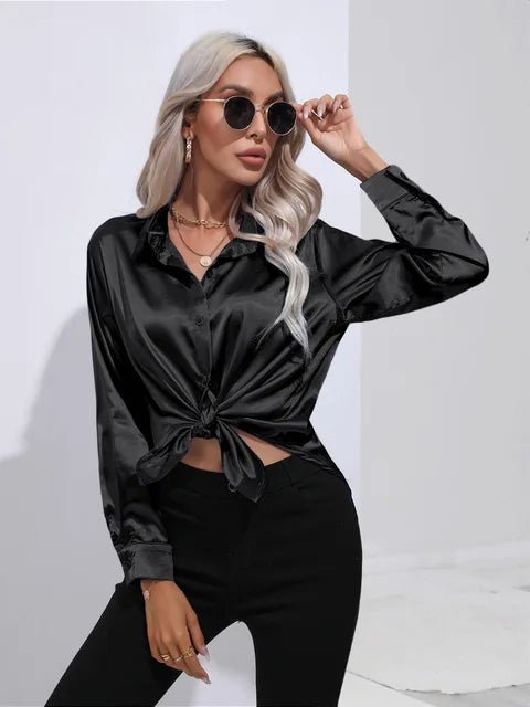 Women's Silky Satin Blouse, Long Sleeve, Elegant Style - SatinGlow Black