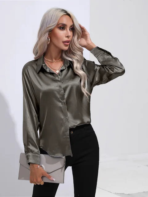 Women's Silky Satin Blouse, Long Sleeve, Elegant Style - SatinGlow Dark gray