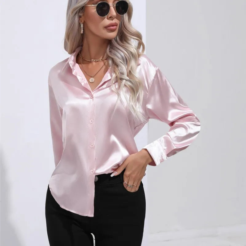 Women's Silky Satin Blouse, Long Sleeve, Elegant Style - SatinGlow