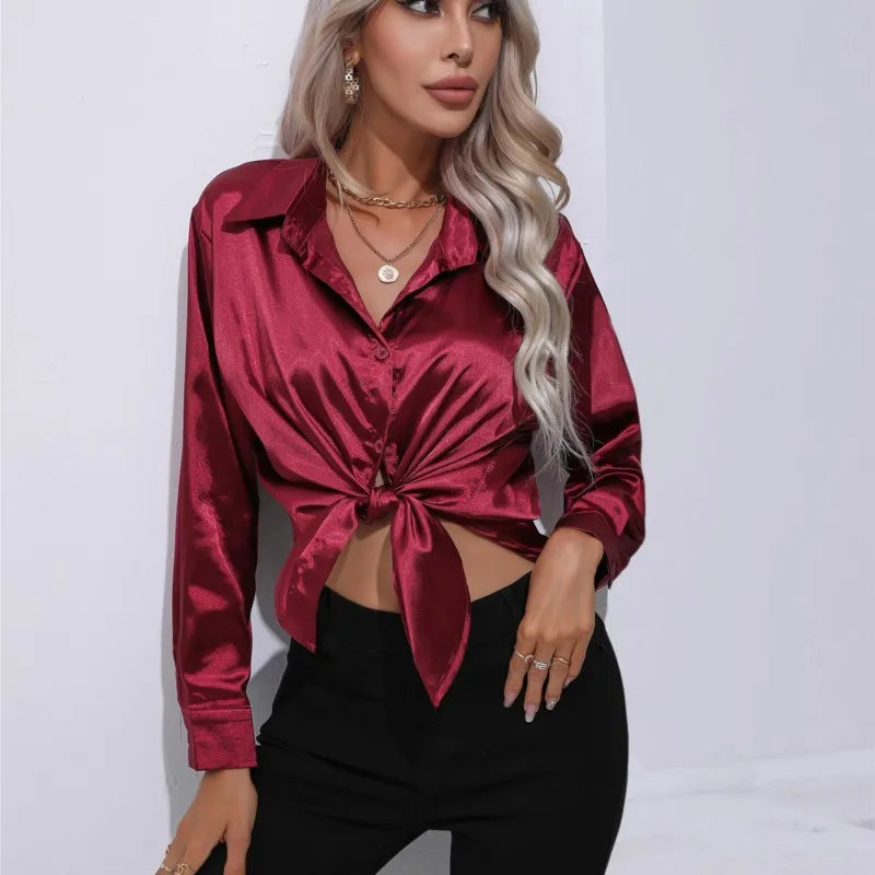 Women's Silky Satin Blouse, Long Sleeve, Elegant Style - SatinGlow